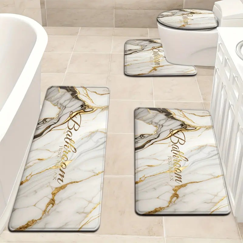 3/4 Piece Set Golden White Marble Pattern Printed Bathroom Mat Set, Non-Slip U-Shaped Toilet Mat, Floor Rugs for Bathroom, Laundry Room & Living Space