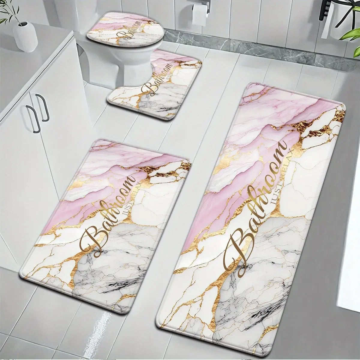 3/4 Piece Set Golden White Marble Pattern Printed Bathroom Mat Set, Non-Slip U-Shaped Toilet Mat, Floor Rugs for Bathroom, Laundry Room & Living Space