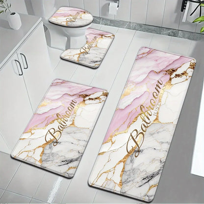 3/4 Piece Set Golden White Marble Pattern Printed Bathroom Mat Set, Non-Slip U-Shaped Toilet Mat, Floor Rugs for Bathroom, Laundry Room & Living Space