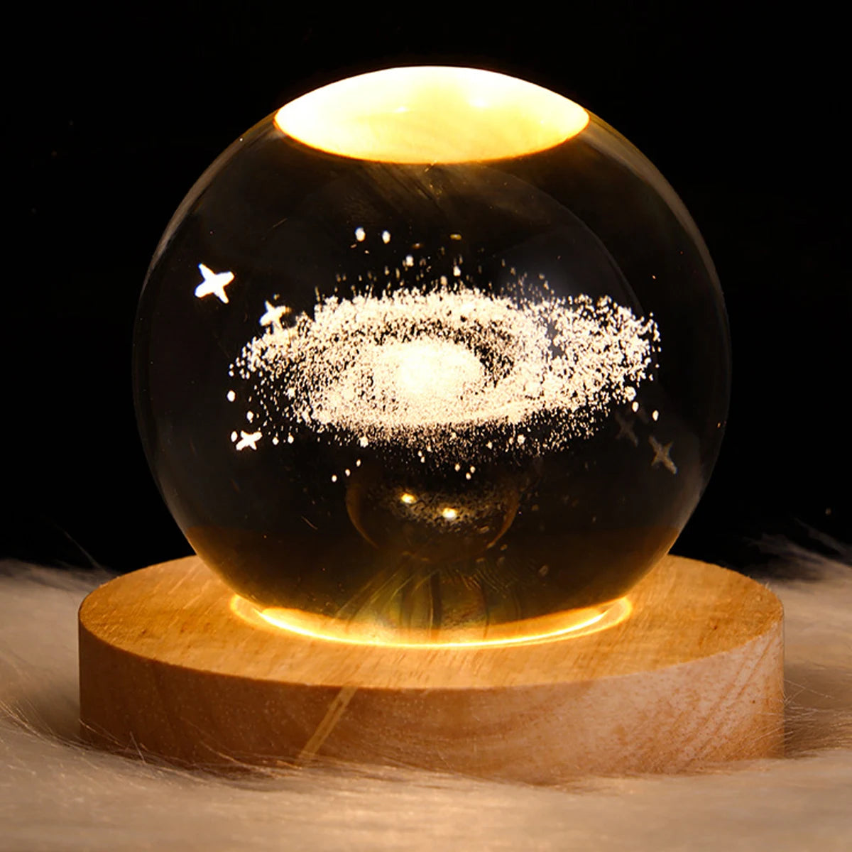 Galaxy Crystal Ball Lamp – 3D Planet Night Light with Wooden Base for Bedroom Decor