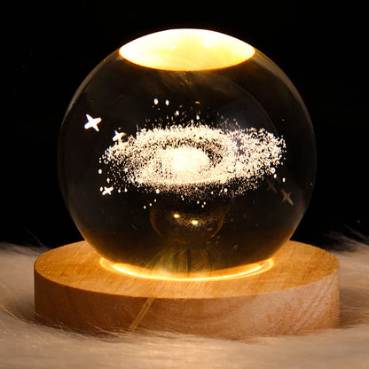 Galaxy Crystal Ball Lamp – 3D Planet Night Light with Wooden Base for Bedroom Decor