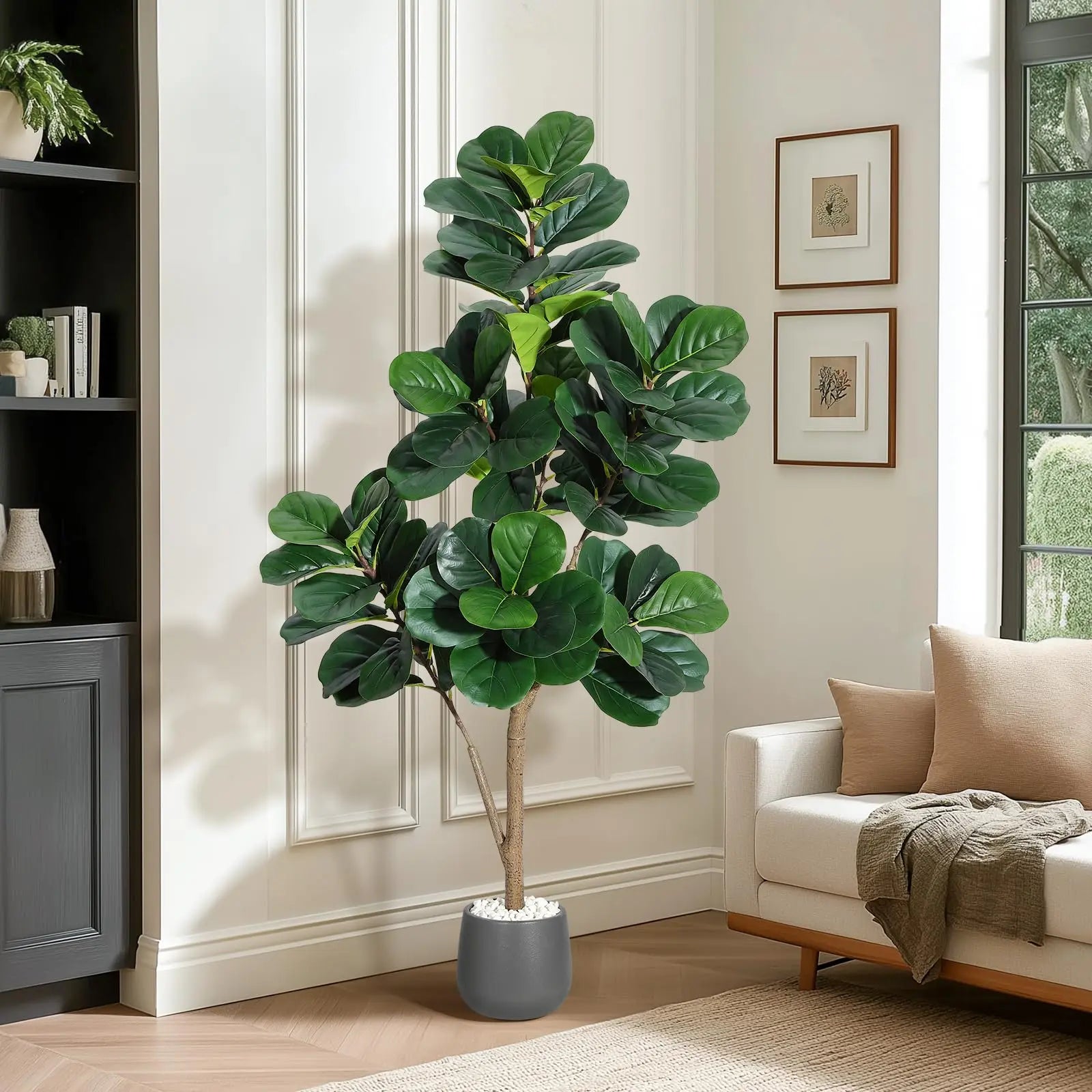 【Garvee】Lifelike 5Ft Artificial Fiddle Leaf Fig Tree – Faux Ficus Lyrata Floor Plant with 77 Realistic Leaves in 7.8In White Planter Pot – Decorative Greenery for Home, Living Room, Office – Ideal Housewarming Gift