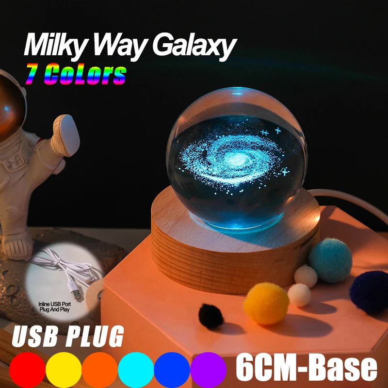 Galaxy Crystal Ball Lamp – 3D Planet Night Light with Wooden Base for Bedroom Decor