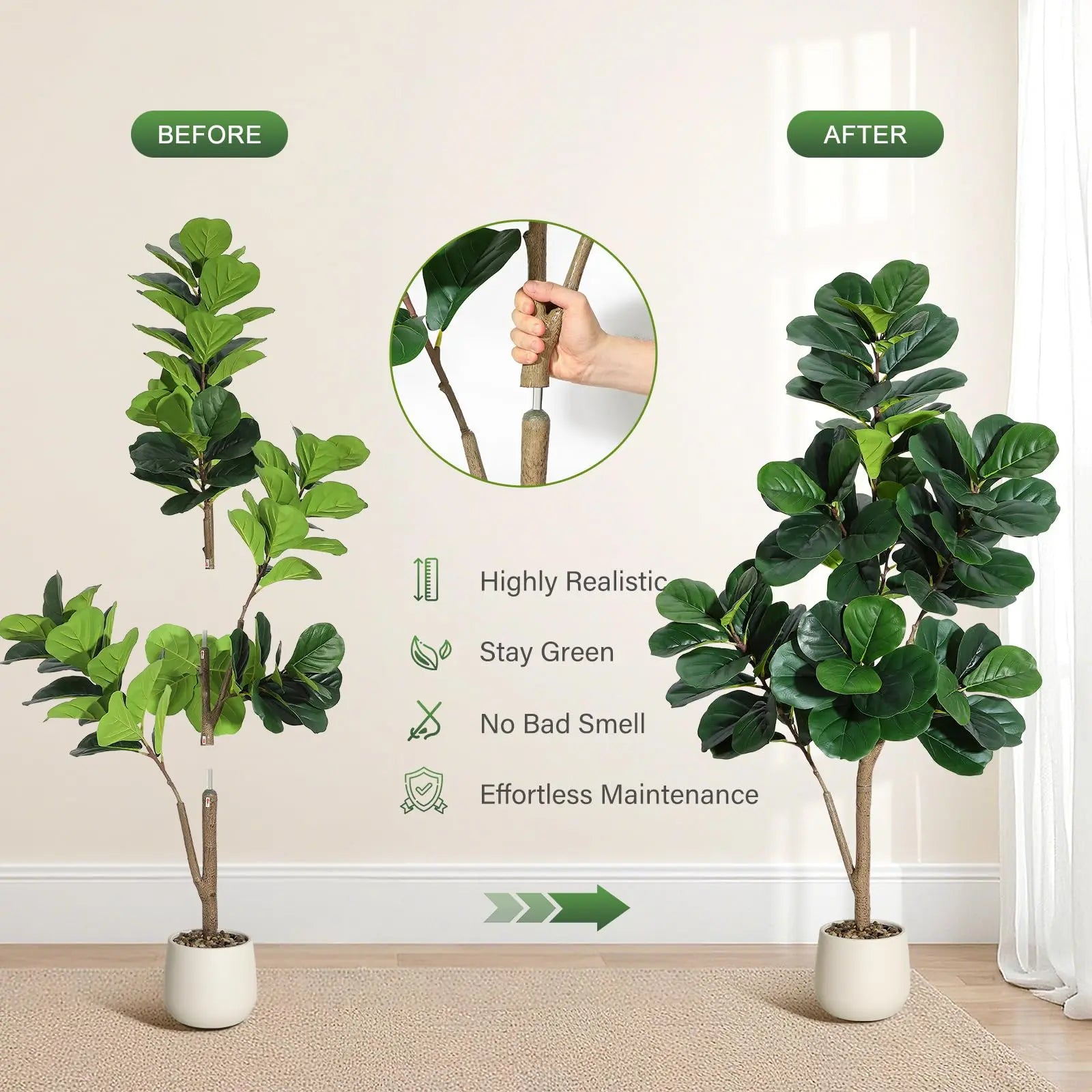 【Garvee】Lifelike 5Ft Artificial Fiddle Leaf Fig Tree – Faux Ficus Lyrata Floor Plant with 77 Realistic Leaves in 7.8In White Planter Pot – Decorative Greenery for Home, Living Room, Office – Ideal Housewarming Gift