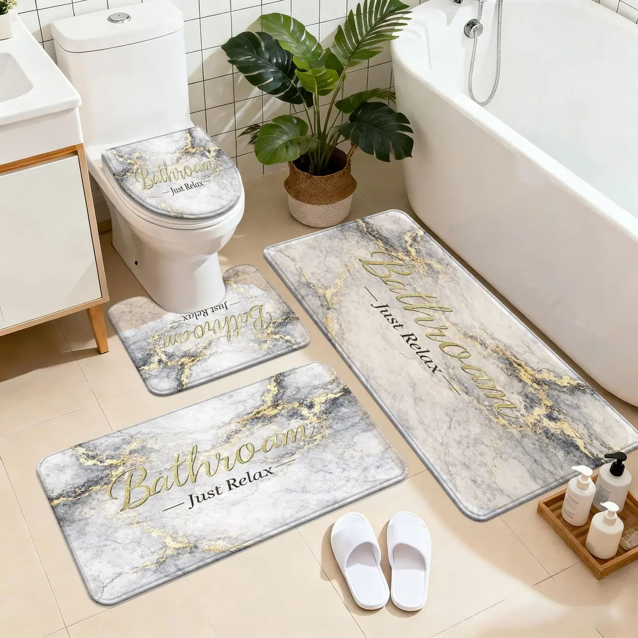 3/4 Piece Set Golden White Marble Pattern Printed Bathroom Mat Set, Non-Slip U-Shaped Toilet Mat, Floor Rugs for Bathroom, Laundry Room & Living Space