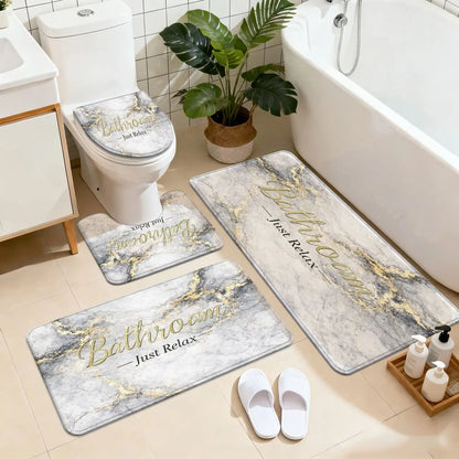 3/4 Piece Set Golden White Marble Pattern Printed Bathroom Mat Set, Non-Slip U-Shaped Toilet Mat, Floor Rugs for Bathroom, Laundry Room & Living Space