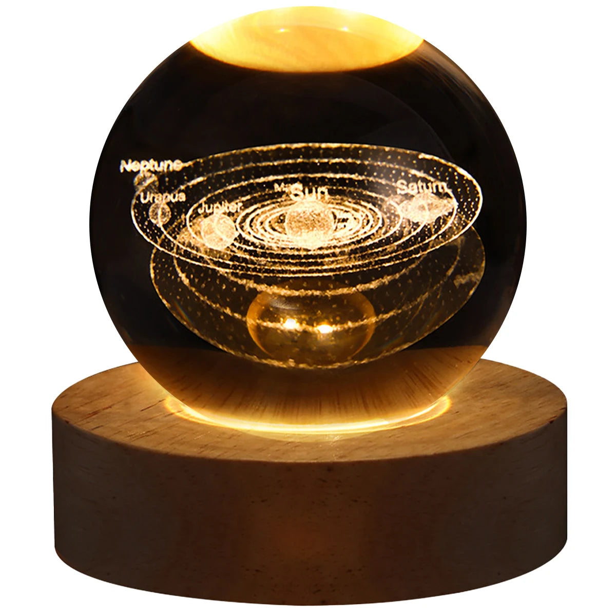 Galaxy Crystal Ball Lamp – 3D Planet Night Light with Wooden Base for Bedroom Decor