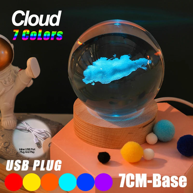 Galaxy Crystal Ball Lamp – 3D Planet Night Light with Wooden Base for Bedroom Decor